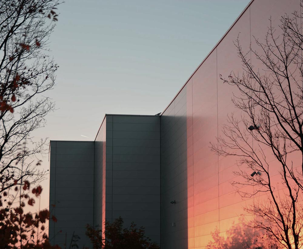 Company building at sunset